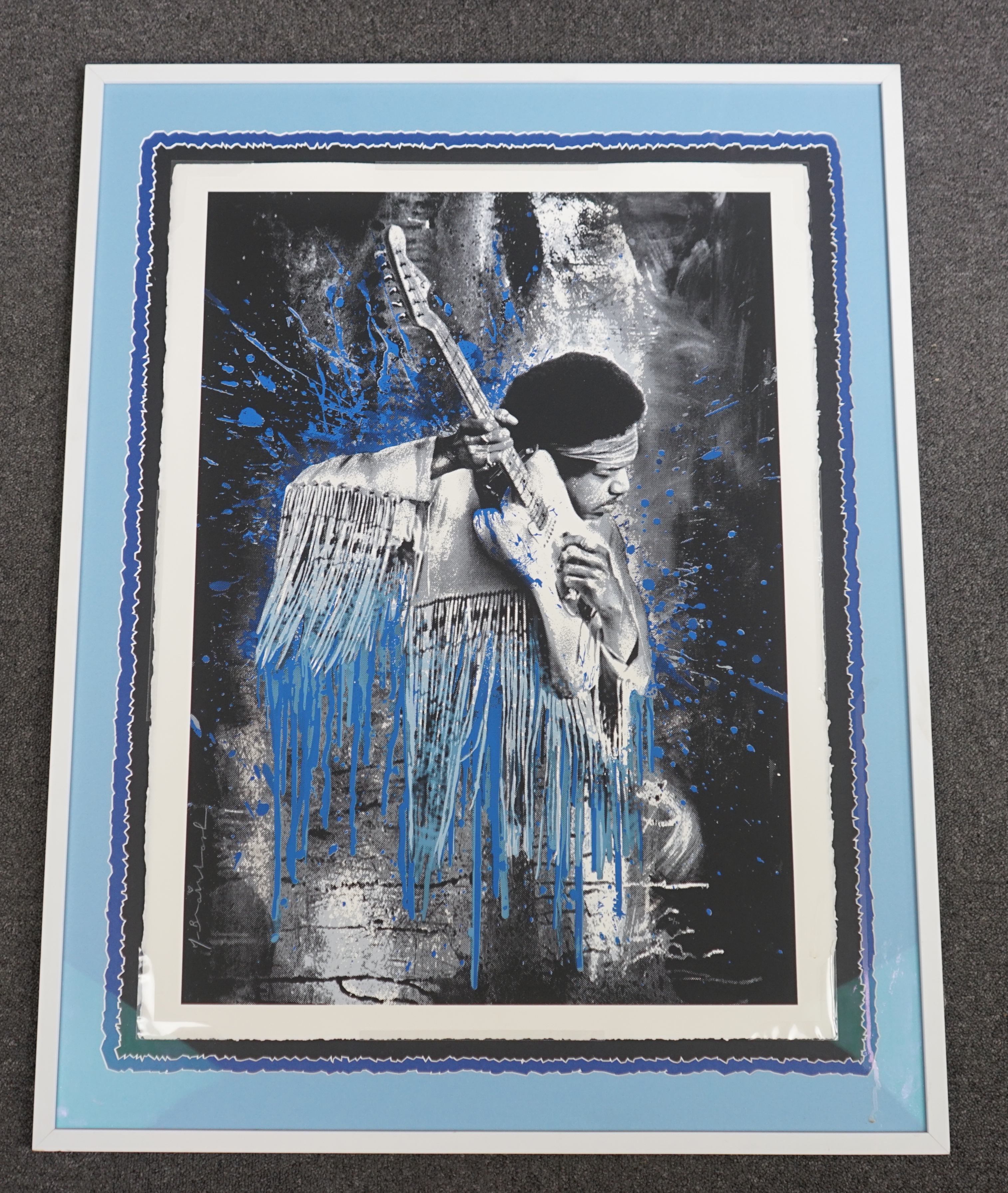 Thierry Guetta [Mr Brainwash} (French, b.1966), 'Jimi Hendrix' (blue), five colour screenprint on hand torn archival paper, 71 x 50.5cm